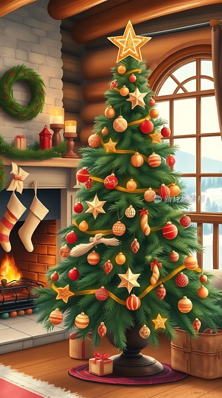 温馨圣诞树下的节日之家