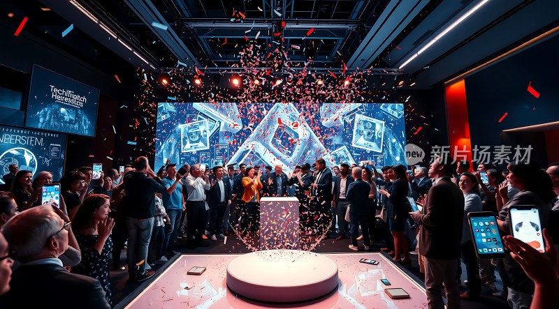 新品发布会现场五彩纸屑纷飞观众热情高涨科技感十足