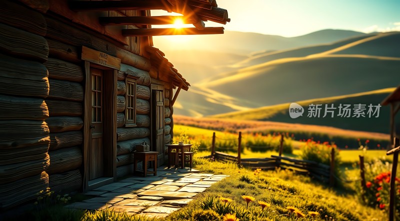阳光下的木屋与自然风光
