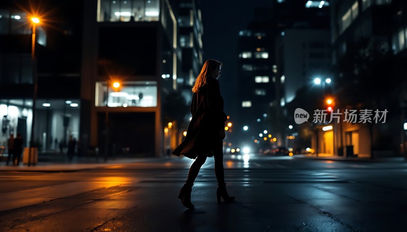 夜色中独自行走的优雅身影