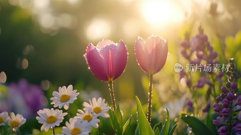 春天春日晨曦中的郁金香小雏菊鲜花
