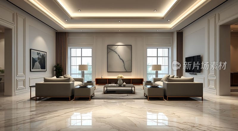 现代客厅设计简约大气大理石地板舒适沙发艺术装饰画