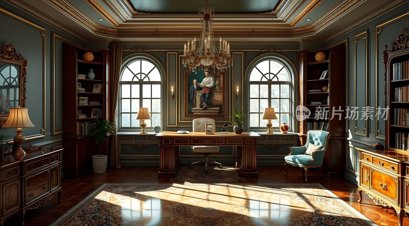 豪华书房古典优雅书架、地毯、吊灯尽显奢华