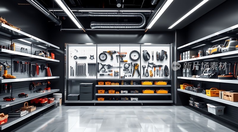 工具仓库整齐摆放的工具和设备展示