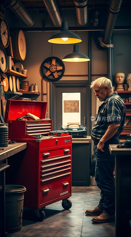 车间里的专注工匠与红色工具箱