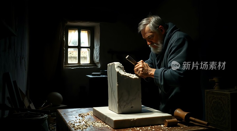 匠人专注雕刻大理石雕像光影交织展现艺术魅力