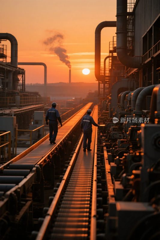 工业钢轨上的工人夕阳图