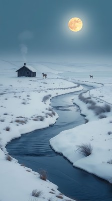 雪夜小屋与月光下的河流 雪夜小屋与月光下的河流