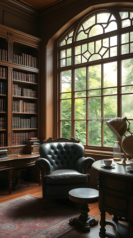 古典书房书架、大窗、皮椅、木桌