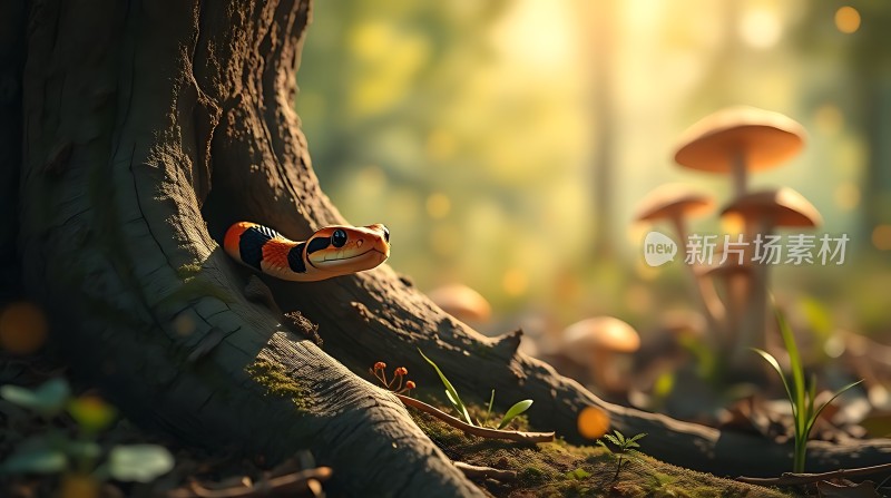 阳光下的森林小蛇探出头