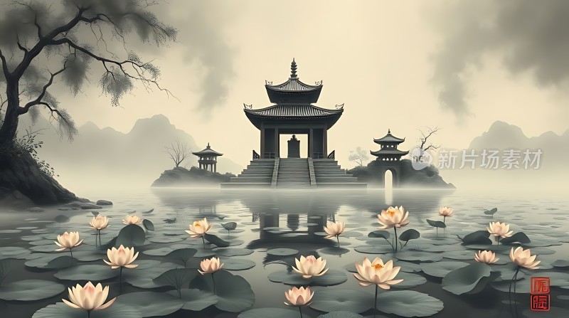 湖畔古亭映荷花