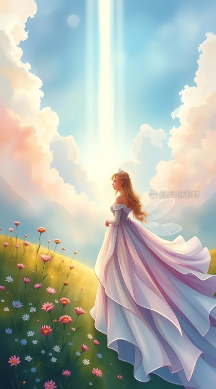 阳光下的公主与花海