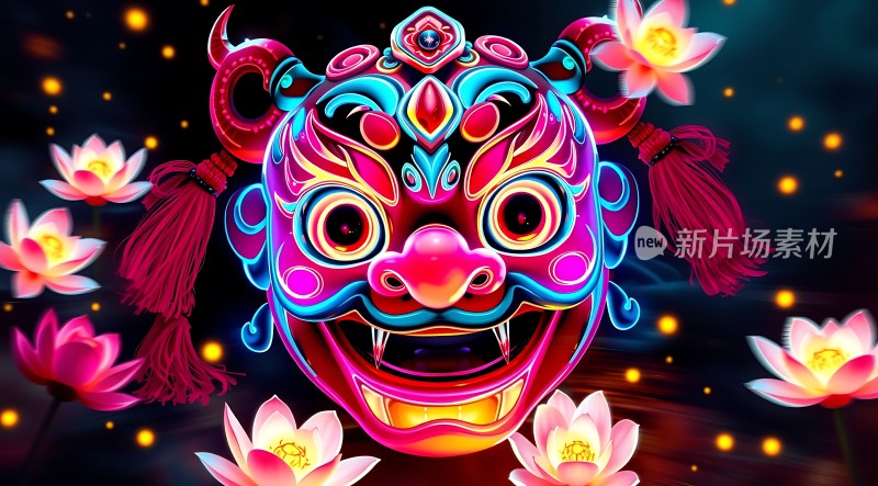 彩色舞狮面具与荷花