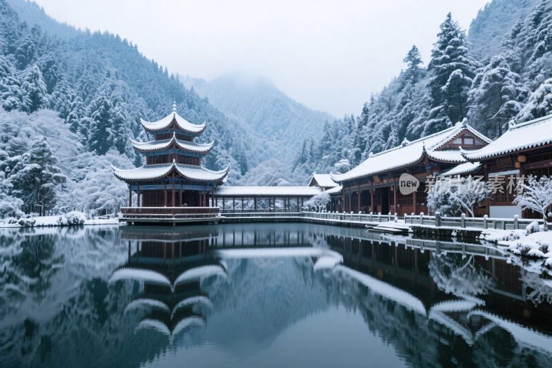 雪景山水古建图