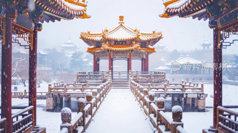 冬天中国塔楼亭台楼阁下雪古风雪景