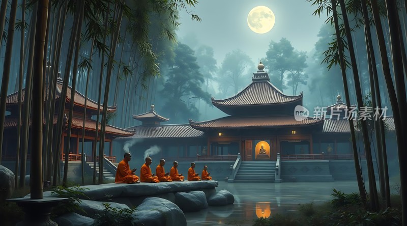 禅意竹林古寺夜月