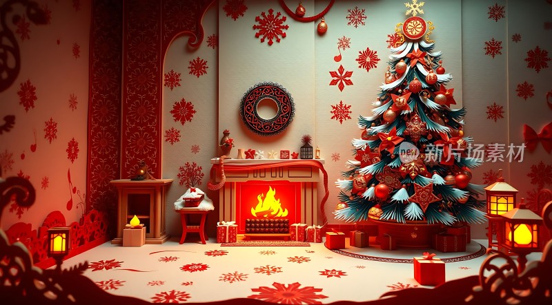 圣诞树与壁炉温馨场景