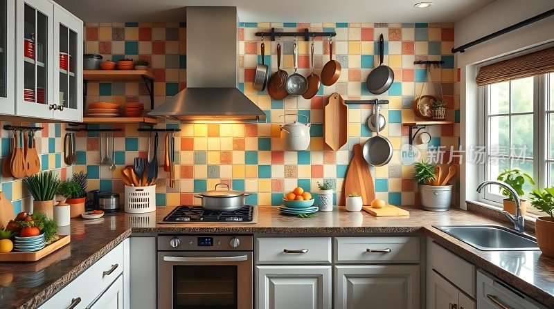 温馨厨房色彩斑斓厨具齐全绿植点缀自然光线充足