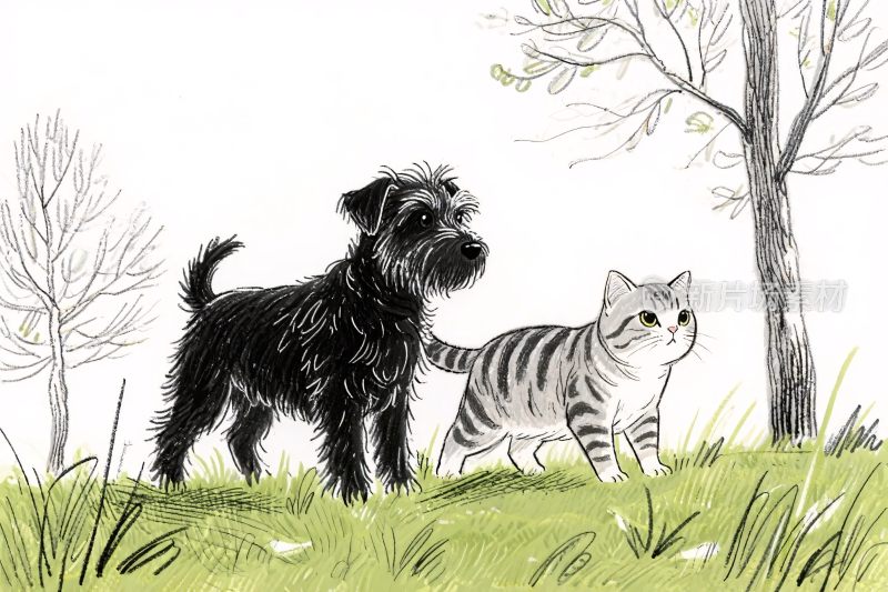 小狗与小猫在草地