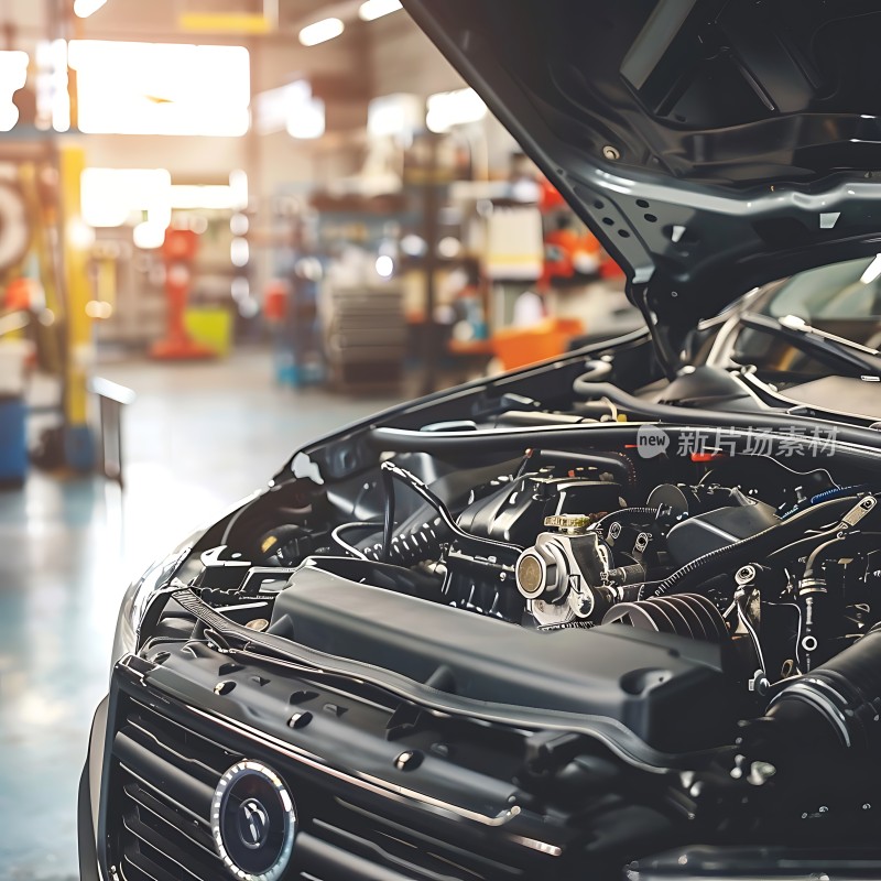 汽车维修车间里的发动机细节展示