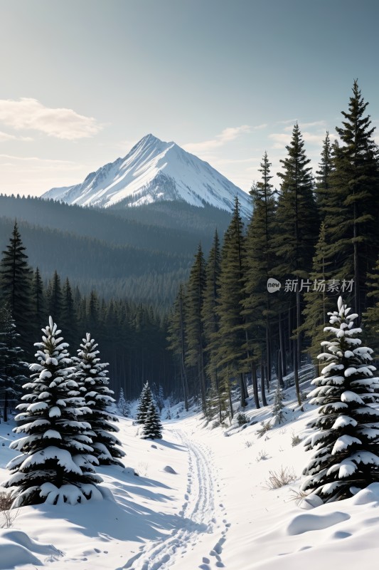 树林里的雪道通向一座山峰山峰被雪覆盖风景