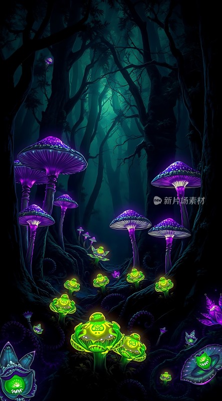 神秘森林中的荧光蘑菇