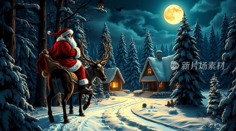 圣诞老人雪夜骑行月光下的温馨小屋