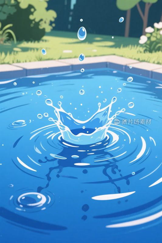 水花溅起的蓝色池塘插画