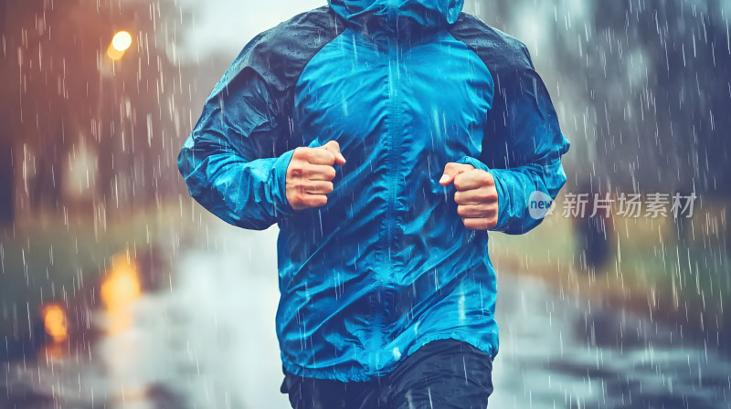 一名身穿蓝色夹克在雨中奔跑男子