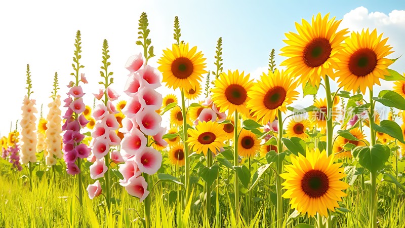 阳光下的向日葵与风铃花