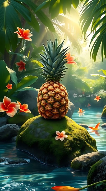 阳光下的热带风情——菠萝与花朵
