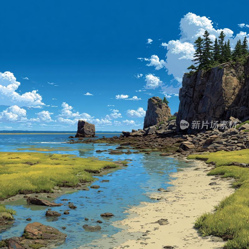 海边岩石与草地风景插画