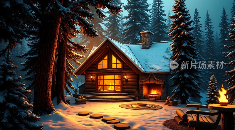 雪夜小木屋温馨篝火