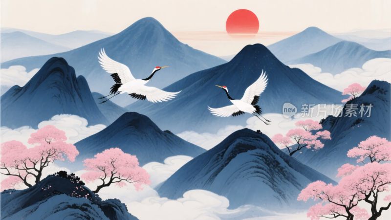 山水间双鹤伴红日飞翔图