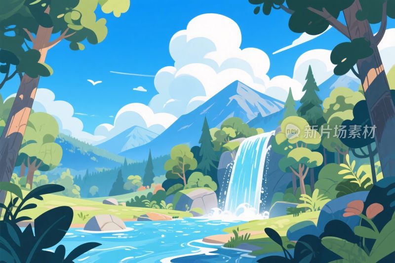 森林瀑布风景插画
