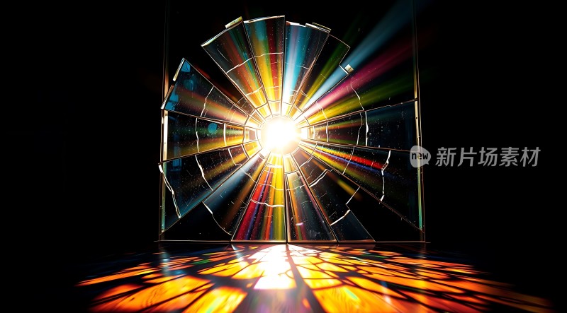 破碎玻璃窗透出七彩阳光