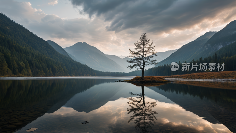 一棵树矗立在湖中央高清风景图片