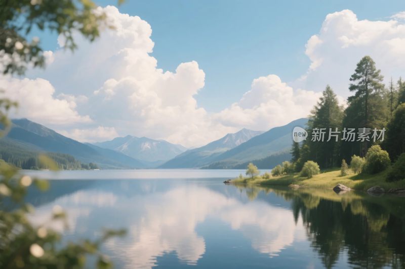 山水湖景风景插画