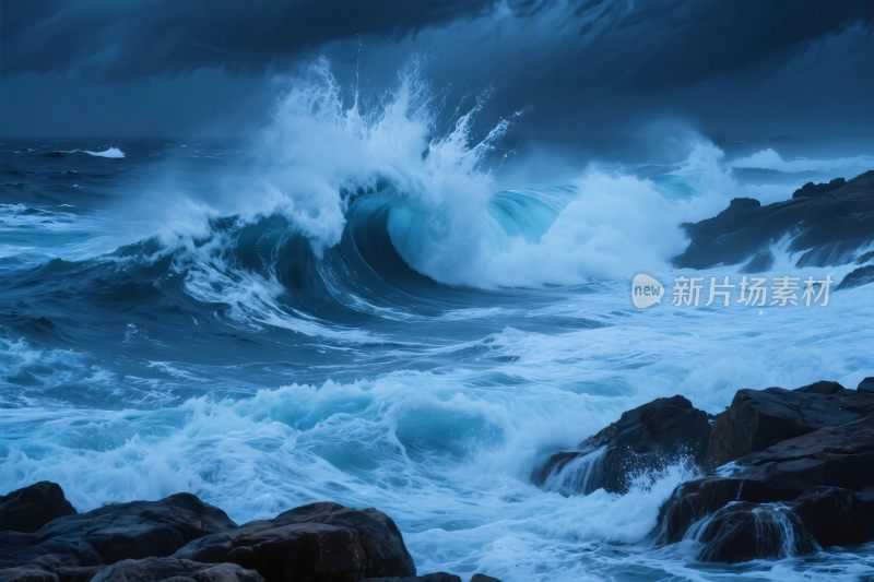 暴风雨海浪与礁石