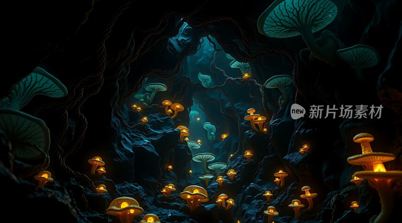 神秘洞穴中的发光蘑菇
