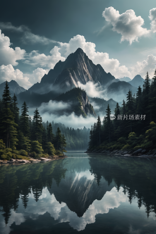 一座山倒映在水中高清风景插图片