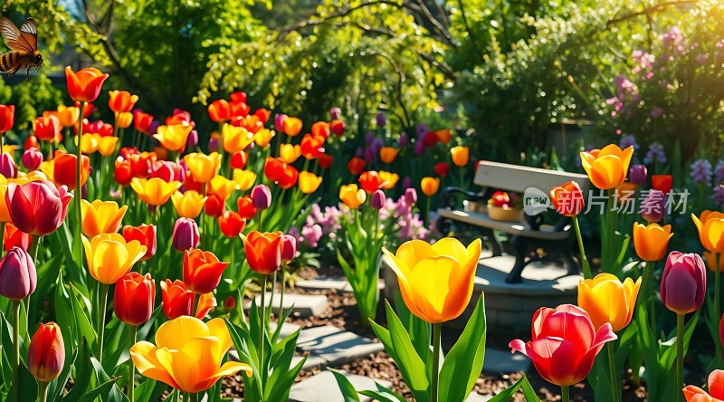 阳光下的郁金香花园