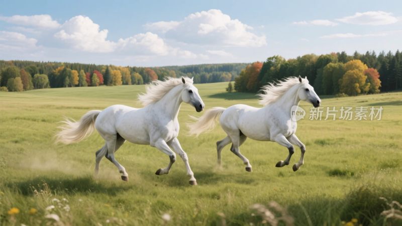 草原上两匹白马奔腾