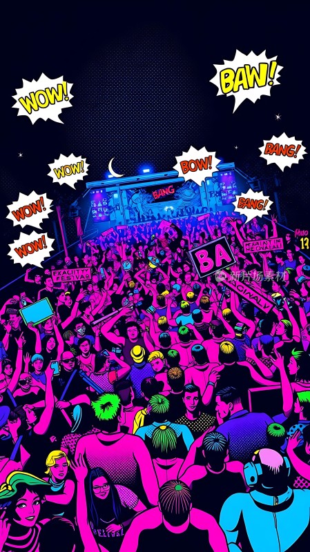 夜店狂欢派对霓虹灯光闪烁人群欢呼雀跃！