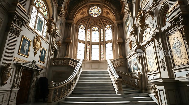宏伟楼梯精美壁画彩色玻璃窗古典艺术殿堂
