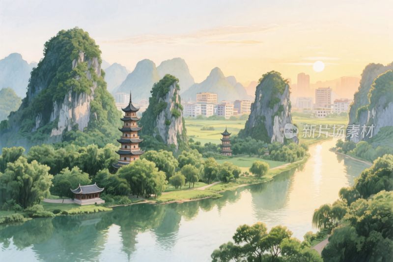 山水塔楼风景插画