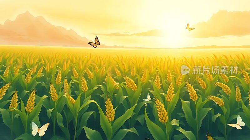 阳光下的麦田与蝴蝶