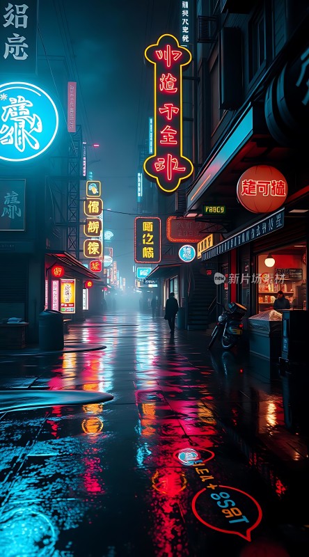 霓虹灯下的雨夜街头