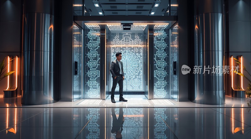 未来科技感电梯内男子站立思考