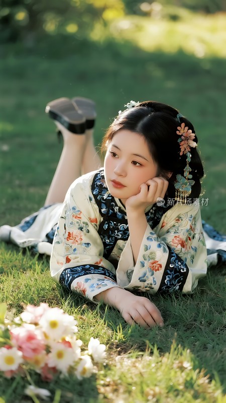 汉服佳人静卧花丛间